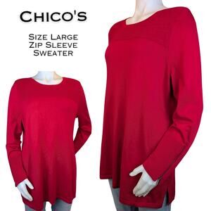 Chicos Tunic Sweater Large Red Ribbed Yoke Zip Sleeve Split Hem Holiday Chic
